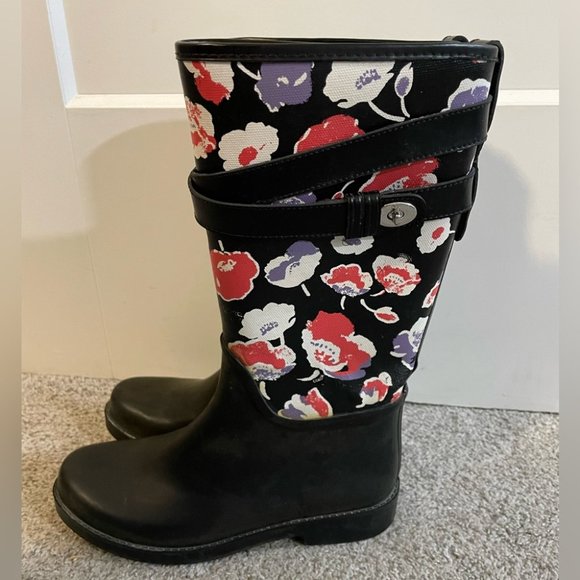 COACH Q8010 TRISHA II Black and Floral Canvas Rubber Rain Boots Size 6 - Picture 3 of 9